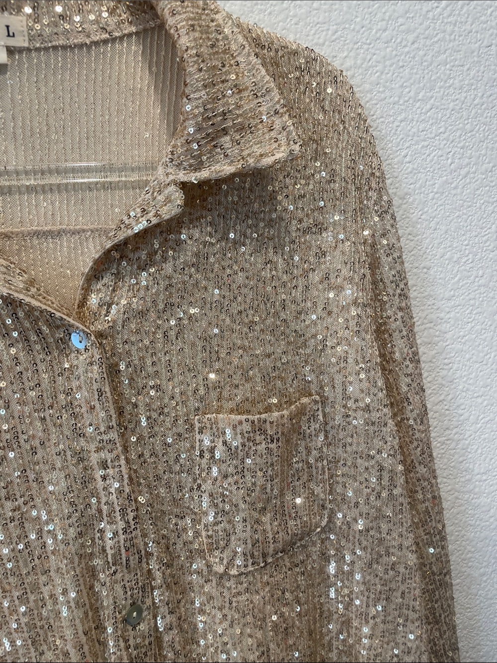 NWOT POL Sequin Button-Down Shirt - Champagne Gold - Picture 4 of 6